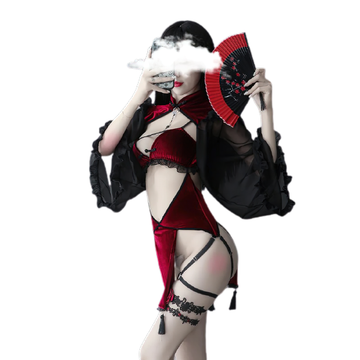 Sexy Dark Red Women's Costume Witch / Erotic Lingerie Set with Hollow Sleeves - EVE's SECRETS